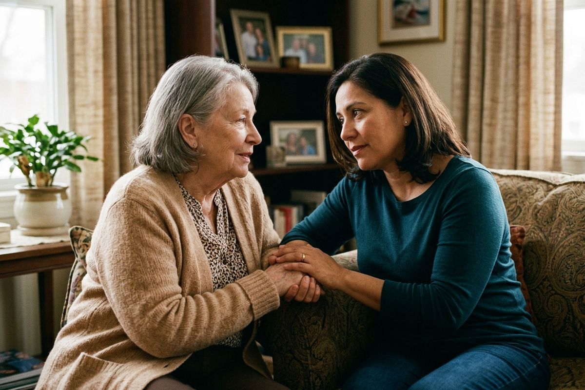 a younger woman comforts her mother with parkinsons