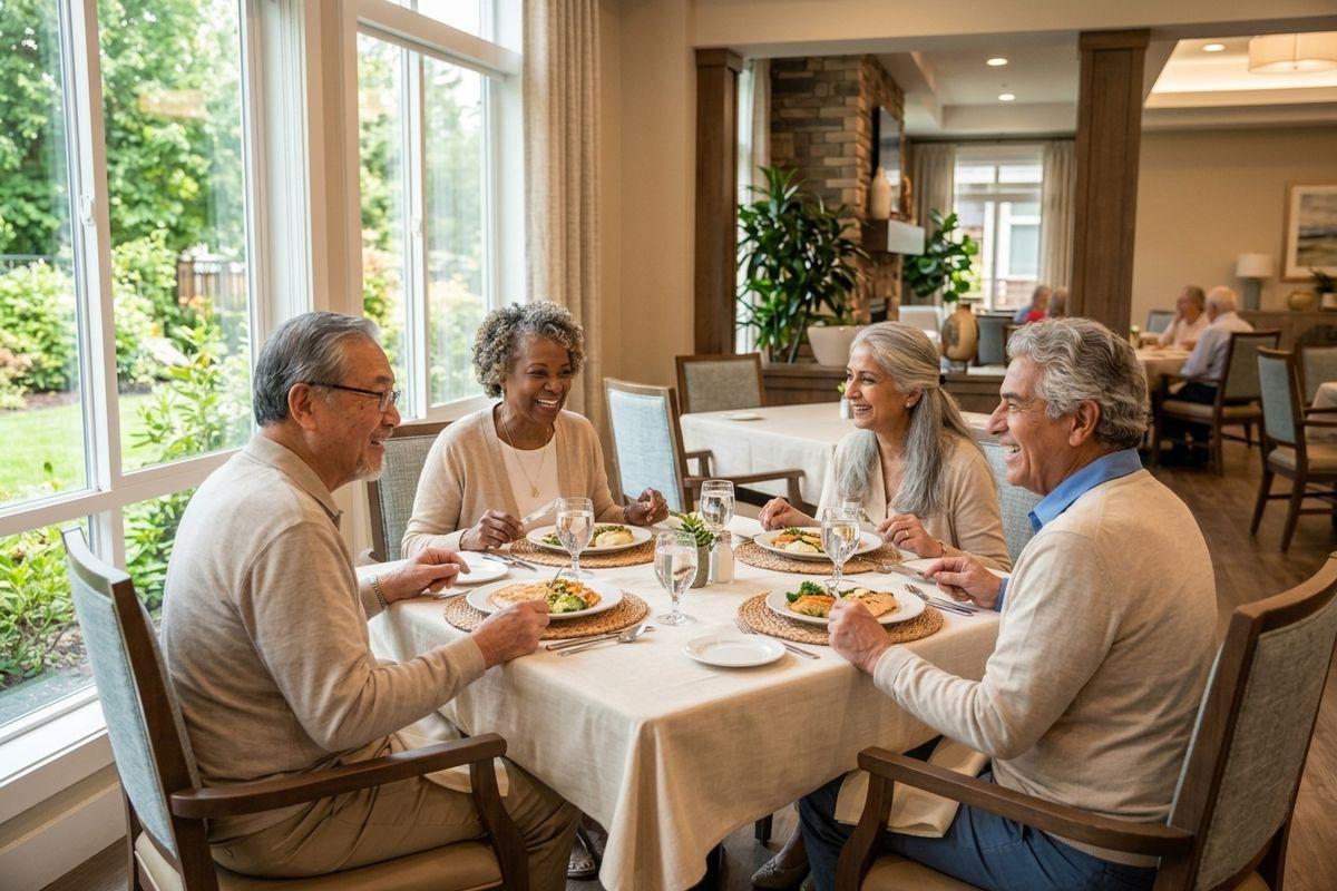 Seniors sharing a meal together in a bright, welcoming assisted living dining space at Clearwater Beaverton.