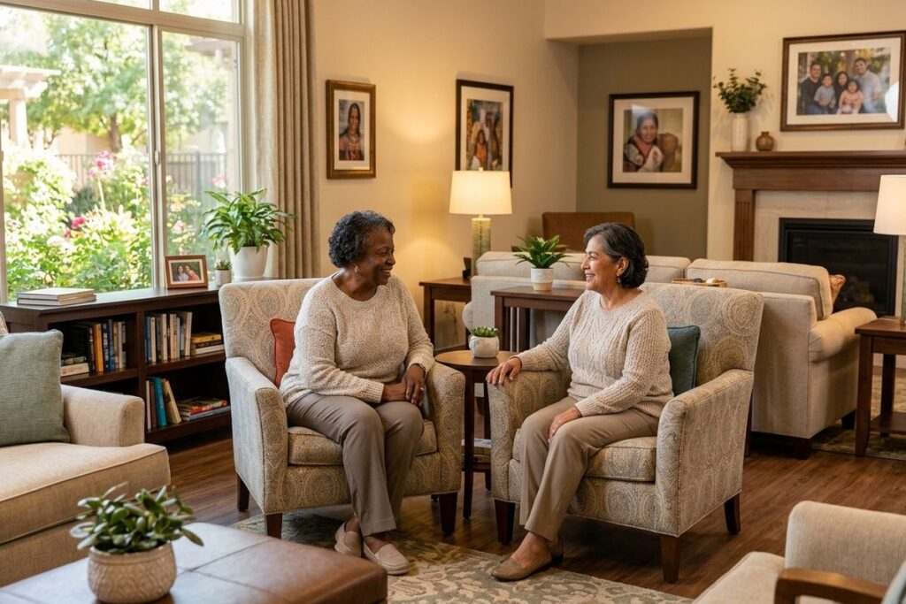 two seniors sit on a couch chatting