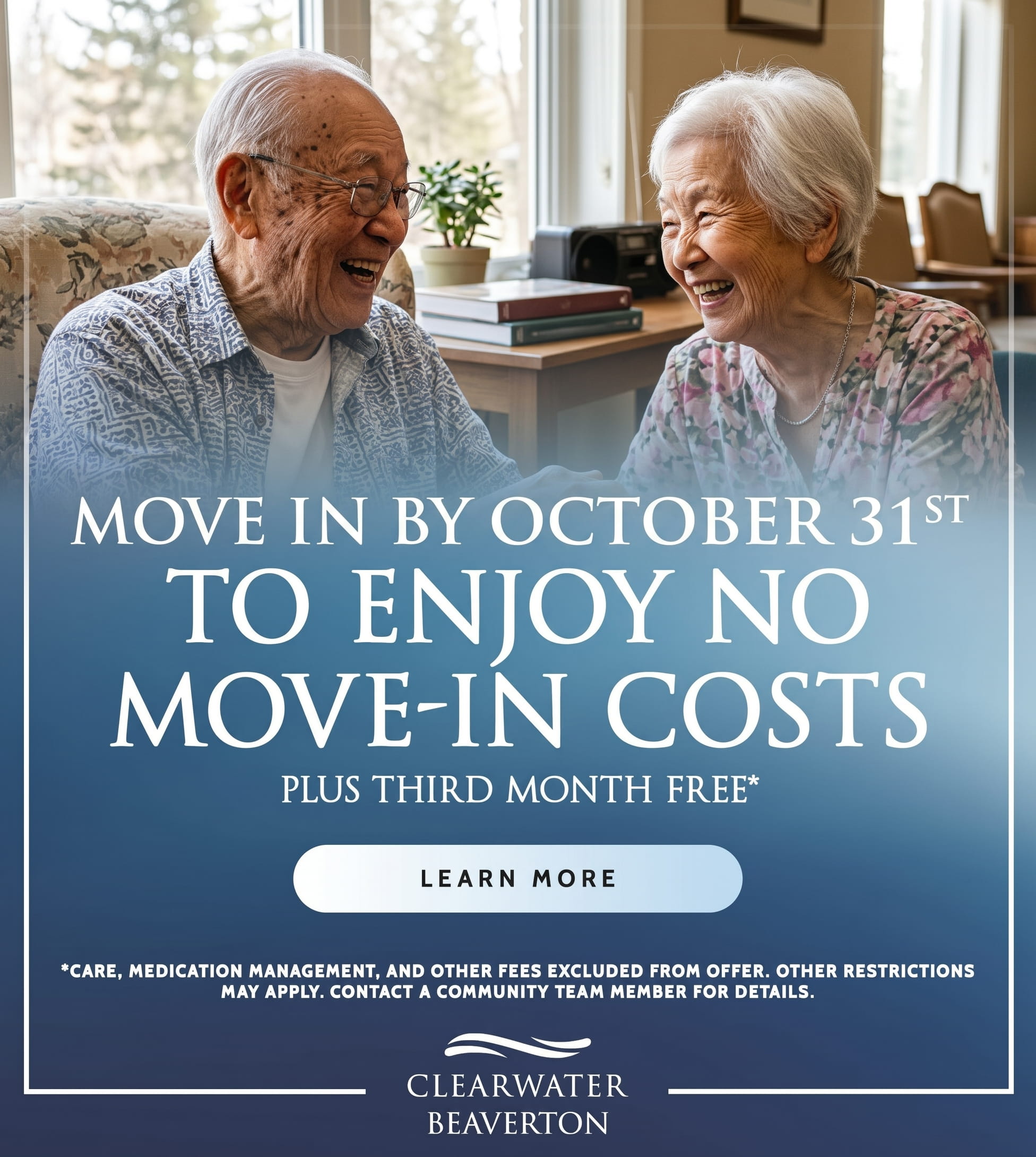Smiling elderly couple indoors with promotional text about move-in by October 31 and no move-in costs (advertisement).